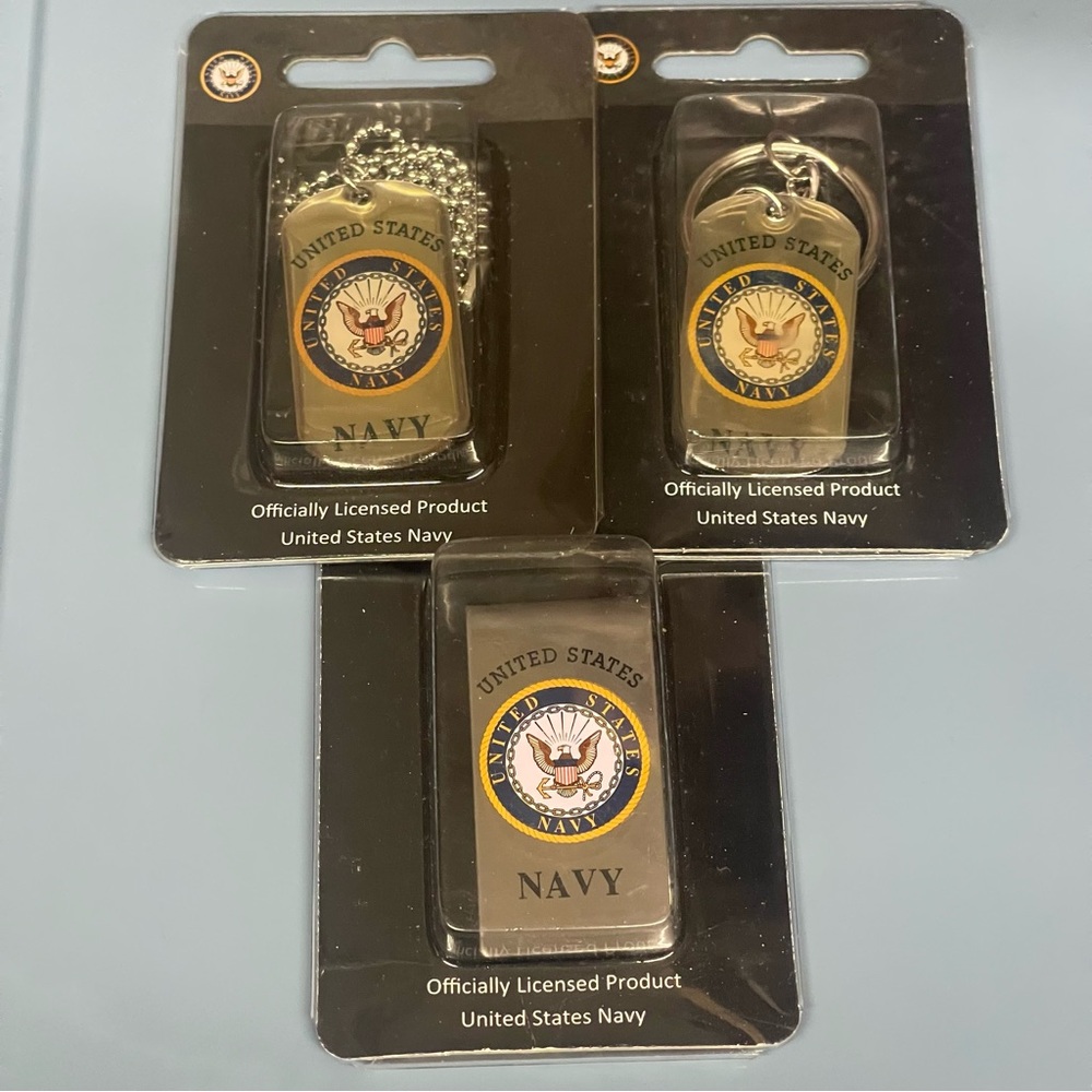 United States Navy Metal Dog Tag Necklace Keychain And Money Card Holder Lot